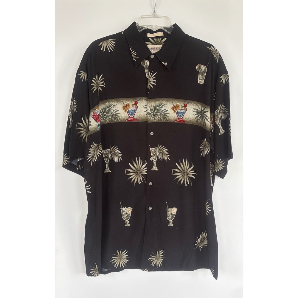 Campia Moda Mens Black Tropical Cocktail Palm Rayon Button‎ Down Aloha Shirt XL